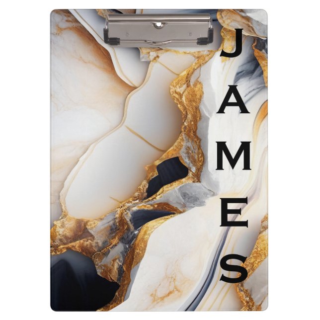Modernes Monogramm Personalisiert-Marmor und Gold Klemmbrett (Vorderseite)