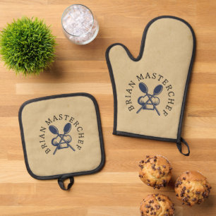 Modernes Monogramm Retro für ihn Meister Ofenhandschuh & Topflappen-Set