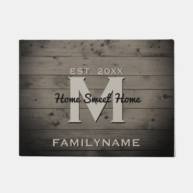 Modernes Monogramm-rustikales hölzernes Fußmatte (Vorderseite)