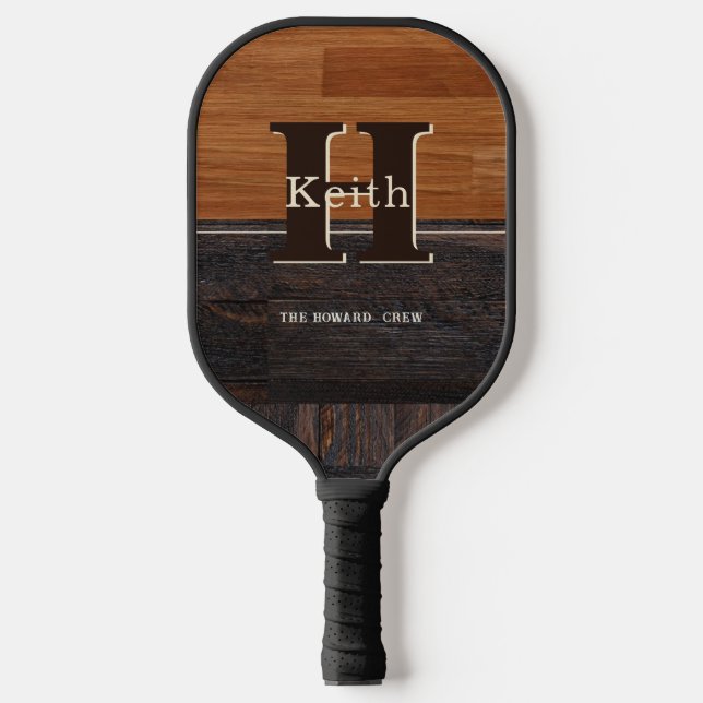 Modernes Monogramm rustikales Holzton braun Pickleball Schläger (Vorderseite)