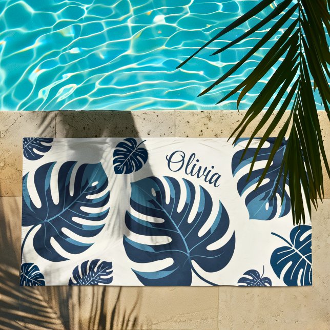 Modernes Monstera Leaf Blue & White Beach Handtuch (Von Creator hochgeladen)