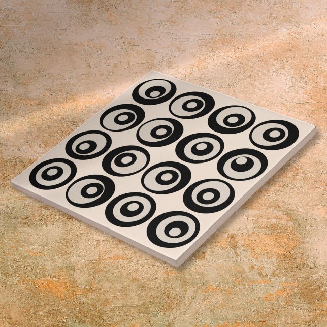 Modernes Muster aus schwarzen und cremefarbenen Kr Fliese (Modern Mid Century Black And Cream Circles Pattern Ceramic Tile)