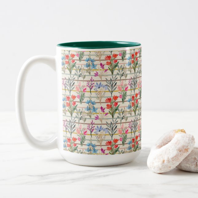 Modernes Muster der Aquarellfarben-Blume Zweifarbige Tasse (Mit Donut)