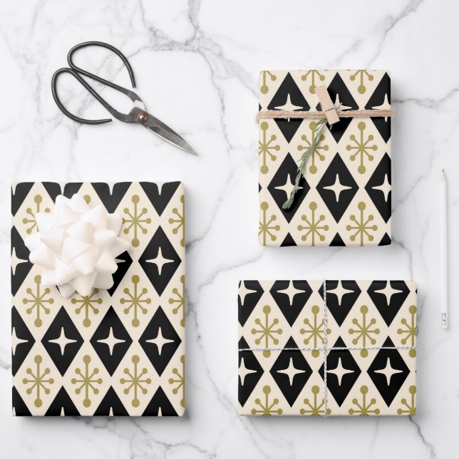 Modernes Muster der Sternexplosion Mitte des Jahrh Geschenkpapier Set (Vorderseite)