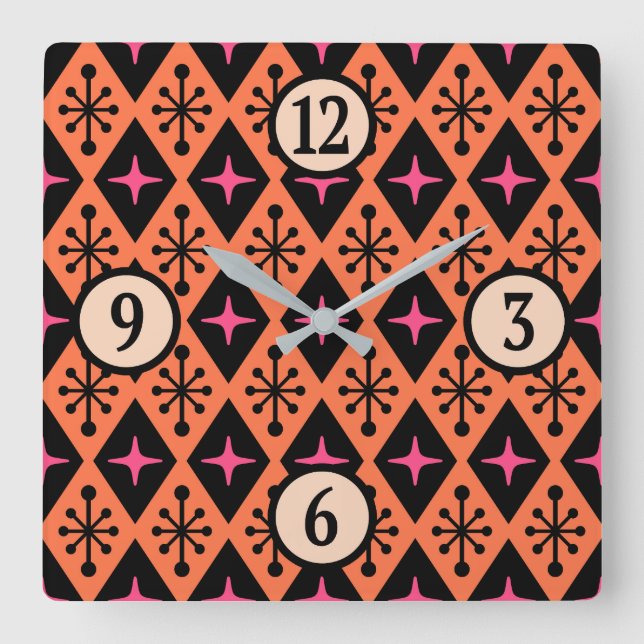 Modernes Muster der Sternexplosion Mitte des Jahrh Quadratische Wanduhr (Vorderseite)