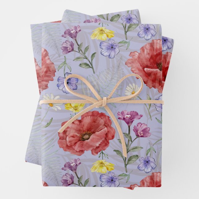 Modernes Muster für Lila und rote Wildblume Geschenkpapier Set (Beispiel)