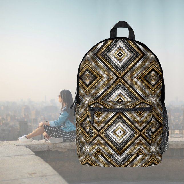 Modernes Muster in Silber, Gold und Schwarz, Monog Bedruckter Rucksack (Von Creator hochgeladen)