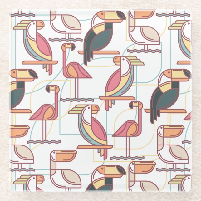 Modernes Muster mit tropischen Vögeln Glasuntersetzer (Vorderseite)