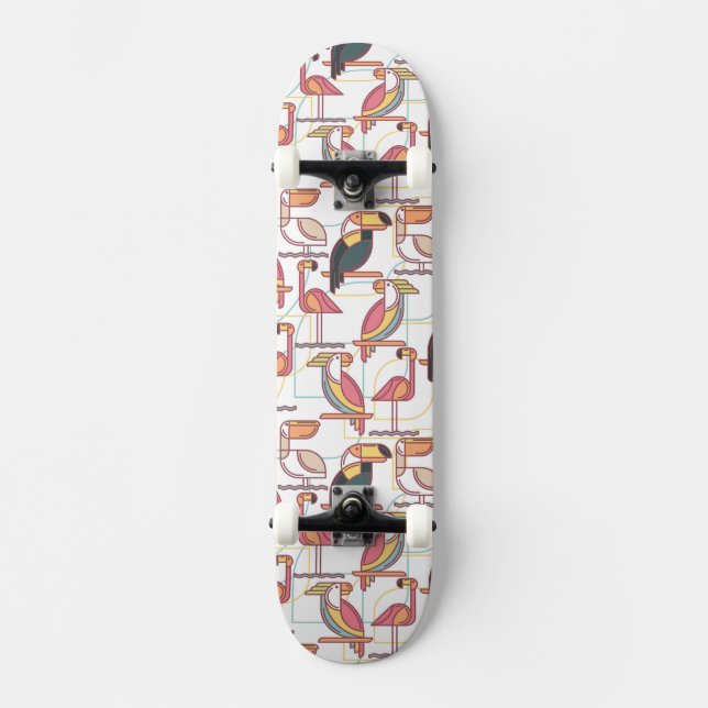 Modernes Muster mit tropischen Vögeln Skateboard (Vorderseite)