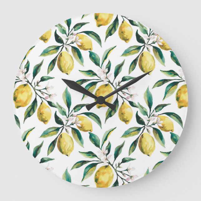 Modernes Nahtloses Muster Wasserfarbengelbe Zitron Große Wanduhr (Vorderseite)