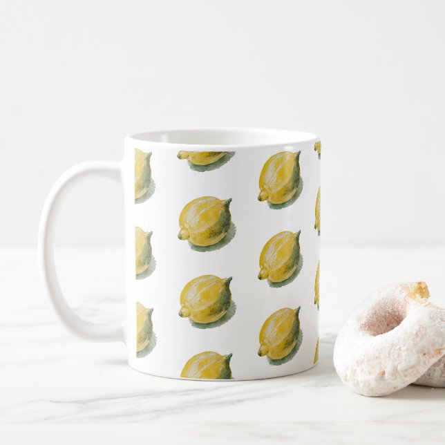 Modernes Nahtloses Muster Wasserfarbengelbe Zitron Kaffeetasse (Mit Donut)