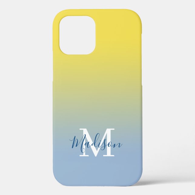 Modernes Name Monogram gelb bis leicht blau glänze Case-Mate iPhone Hülle (Rückseite)