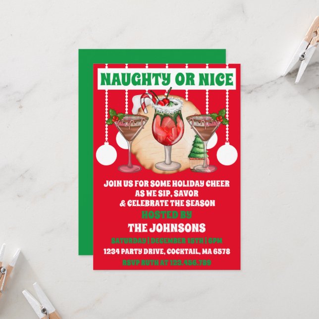 Modernes Naughty oder Nice Christmas Cocktail Part Einladung (Vorderseite/Rückseite Beispiel)