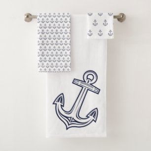 Modernes Nautical Anchor Badezimmer Navy blau weiß Badhandtuch Set