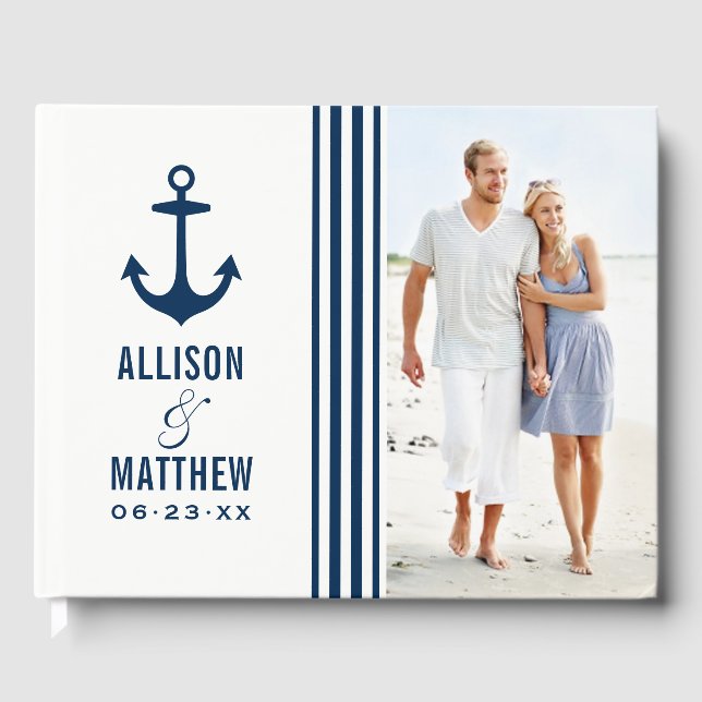 Modernes Nautical Navy Blue and White Wedding Foto Gästebuch (Vorderseite)