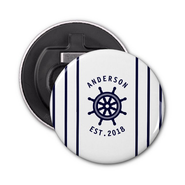 Modernes Nautikrad und Navy Blue Striped Custom Flaschenöffner (Vorderseite)
