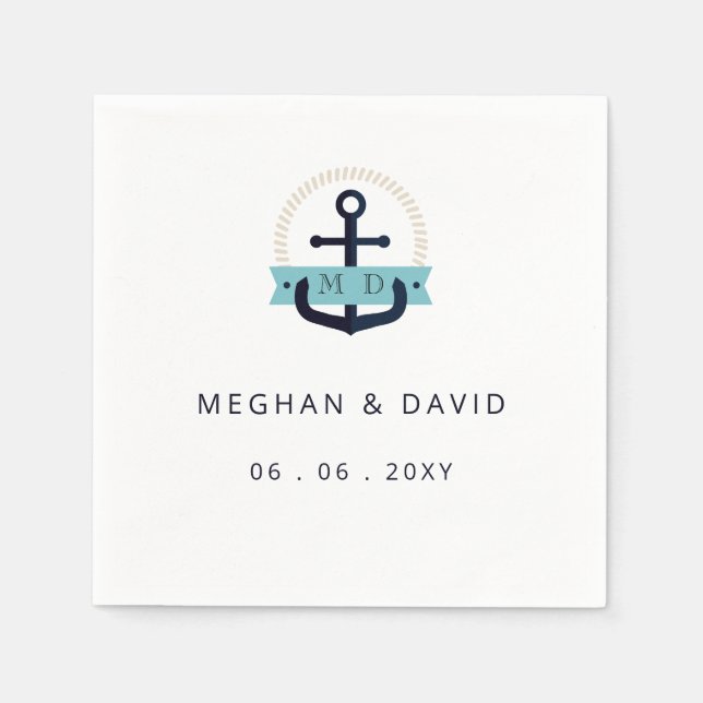 Modernes Navy Anchor Nautical Monogram Wedding Nic Serviette (Vorderseite)