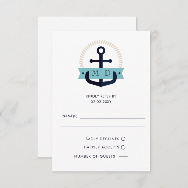 Modernes Navy Anchor Nautical Monogram Wedding RSV RSVP Karte (Vorne/Hinten)