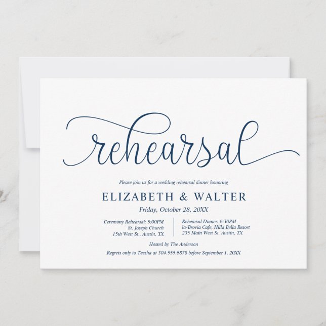 Modernes Navy Blau, Hochzeit und Probe Einladung (Vorderseite)