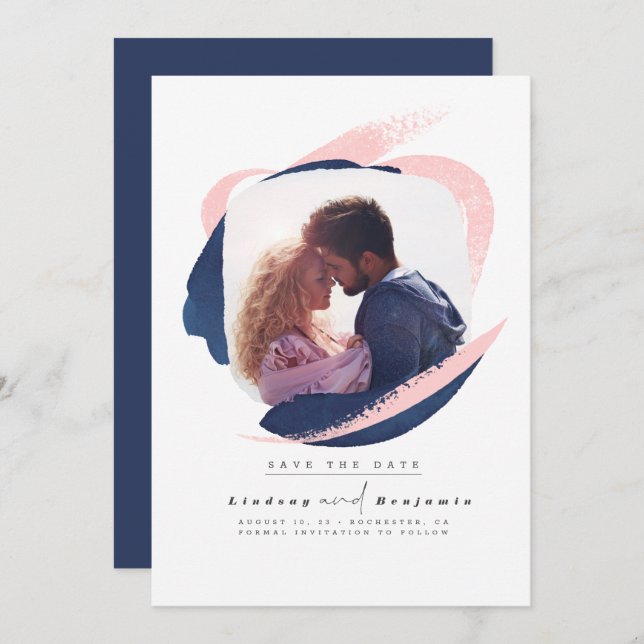 Modernes Navy Blau und Rosa Save the Date Foto (Vorne/Hinten)