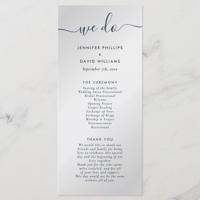 Modernes Navy Blau und Silber machen wir Hochzeit Programm (Vorderseite)