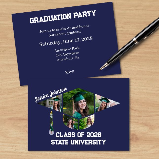 Modernes Navy Blue Abschluss Foto Collage Party Einladung (Modern Navy Blue Party Invitation with a Graduation Cap Shape Photo Collage )