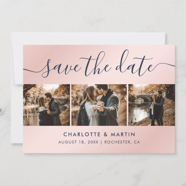 Modernes Navy Blue and Blush Pink Wedding Foto Save The Date (Vorderseite)