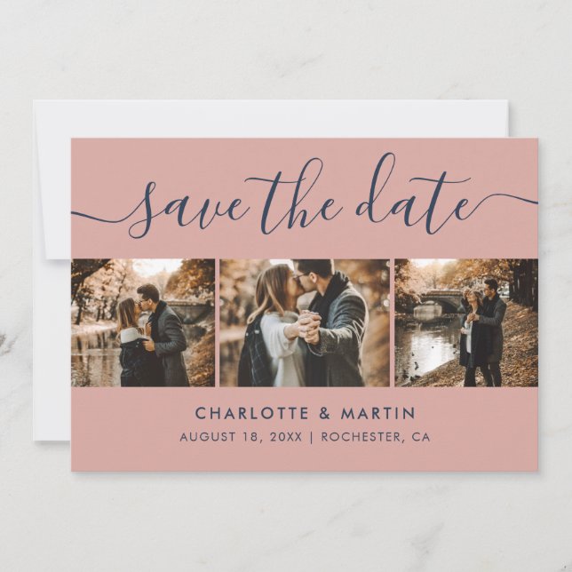 Modernes Navy Blue and Blush Wedding Foto Save The Date (Vorderseite)