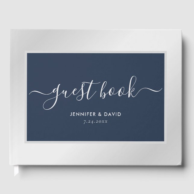 Modernes Navy Blue and Silver Wedding Foto Gästebuch (Vorderseite)