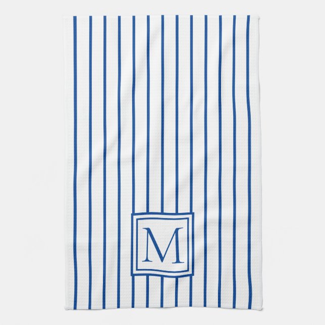 Modernes Navy Blue and White Strip Monogramm Geschirrtuch (Vertikal)