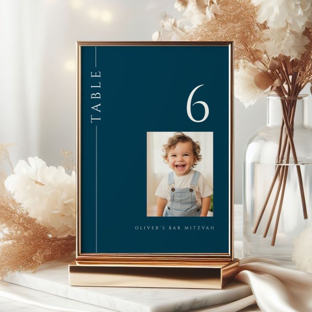 Modernes Navy Blue Bar Mitzvah Tischnummer Foto (Von Creator hochgeladen)