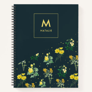 Modernes Navy Blue Floral Muster Monogram Notizbuch