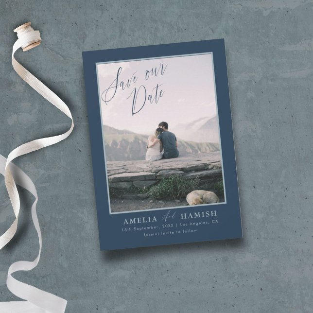 Modernes Navy Blue Foto Rettete unser Datum Save The Date (Von Creator hochgeladen)