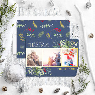 Modernes Navy Blue Frohe Weihnachts-Script Pine Fo Folien Feiertagskarte