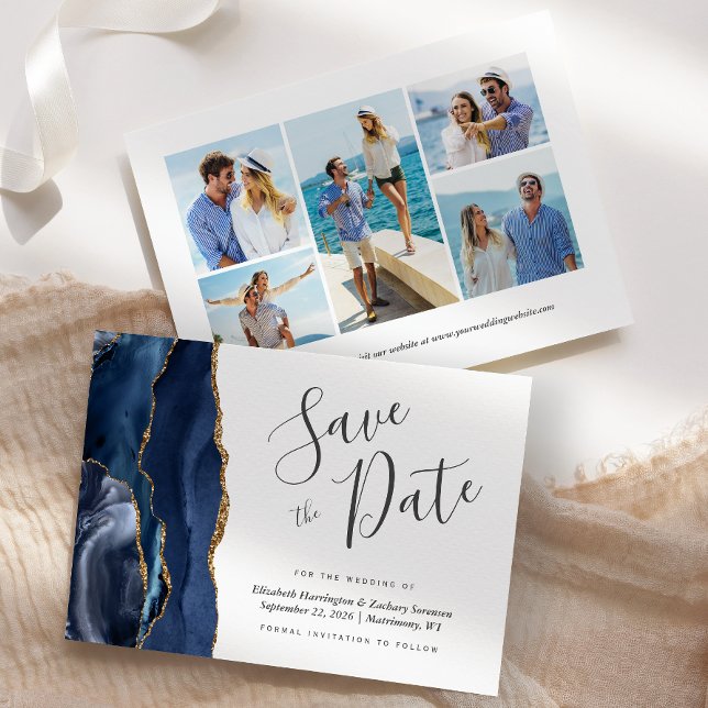 Modernes Navy Blue Gold Agate 5-Foto Save the Date Einladung (Von Creator hochgeladen)