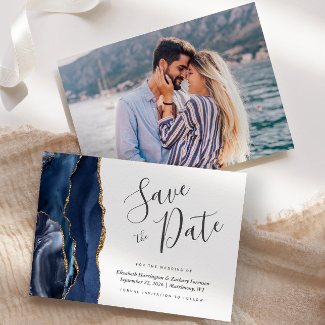Modernes Navy Blue Gold Agate Foto Save the Date Einladung (Von Creator hochgeladen)