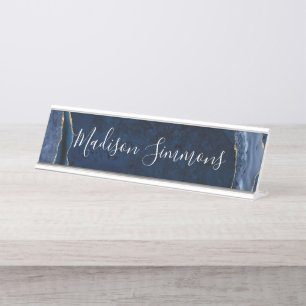 Modernes Navy Blue Gold Agate Geode Feminine Scrip Schreibtischnamensplakette