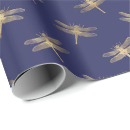 Modernes Navy Blue Gold Dragonfly Muster Geschenkpapier