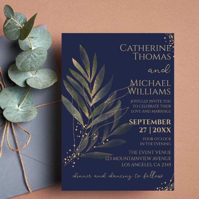 Modernes Navy Blue Gold Leaf Wedding Monogram Einladung (Von Creator hochgeladen)