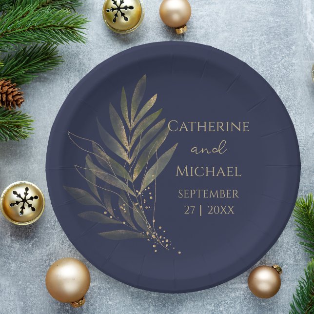 Modernes Navy Blue Gold Leaf Wedding Monogram Pappteller (Von Creator hochgeladen)