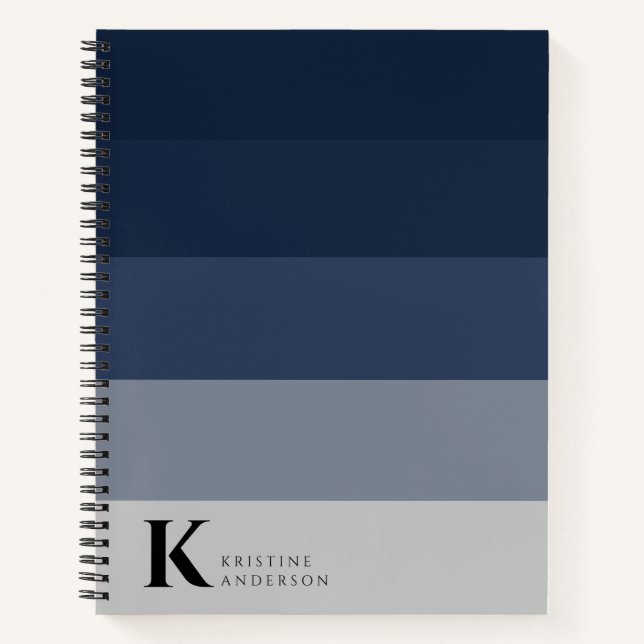 Modernes Navy Blue Ombre Gray Classic Monogram Notizbuch (Vorderseite)