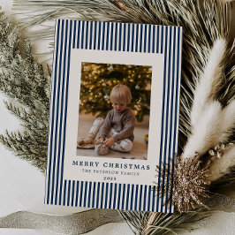 Modernes Navy Blue Pinstriche Weihnachtsfamilien F Feiertagskarte