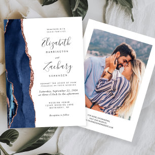 Modernes Navy Blue Rose Gold Agate Foto Hochzeit Einladung