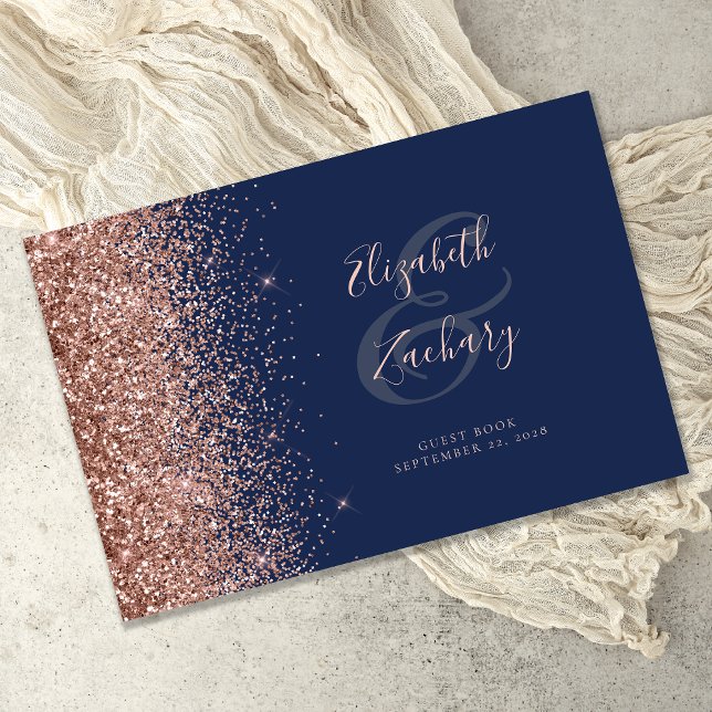Modernes Navy Blue Rose Gold Glitzer Script Gästebuch (Von Creator hochgeladen)