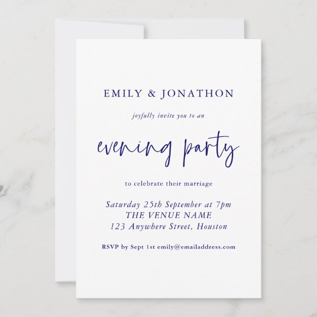 Modernes Navy Blue Script Abend Party Hochzeit Einladung (Vorderseite)