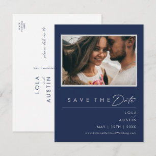 Modernes Navy Blue Silver Foto Save the Date Einladungspostkarte