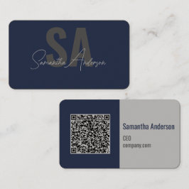 Modernes Navy Blue & Silver mit QR-Code | Visitenkarte