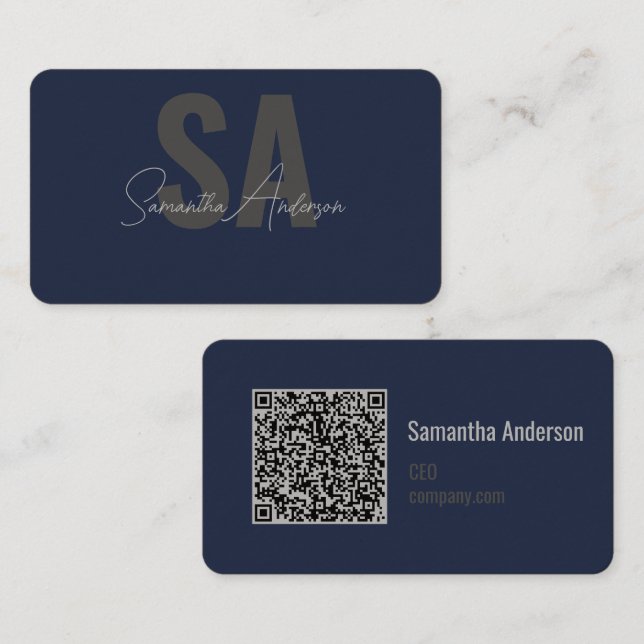 Modernes Navy Blue & Silver mit QR-Code | Visitenkarte (Vorne/Hinten)