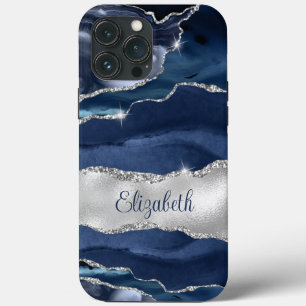 Modernes Navy Blue und Silver Agate Monogram Case-Mate iPhone Hülle
