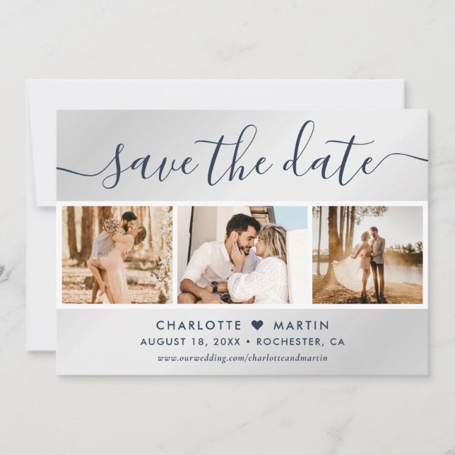 Modernes Navy Blue und Silver Wedding 4 Foto Save The Date (Vorderseite)